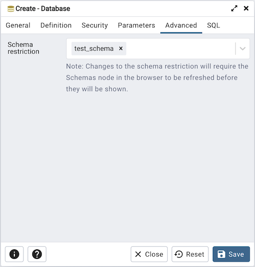 Database dialog advanced tab