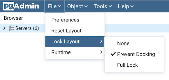 pgAdmin file menu bar