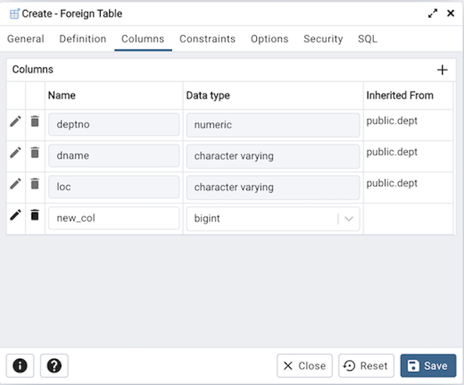 Foreign table dialog columns tab