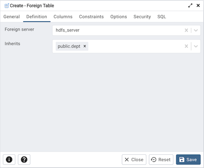 Foreign table dialog definition tab