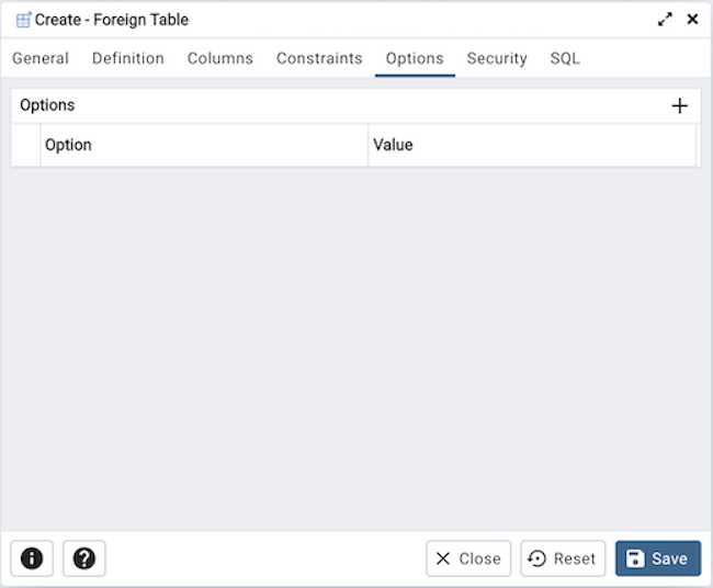 Foreign table dialog options tab