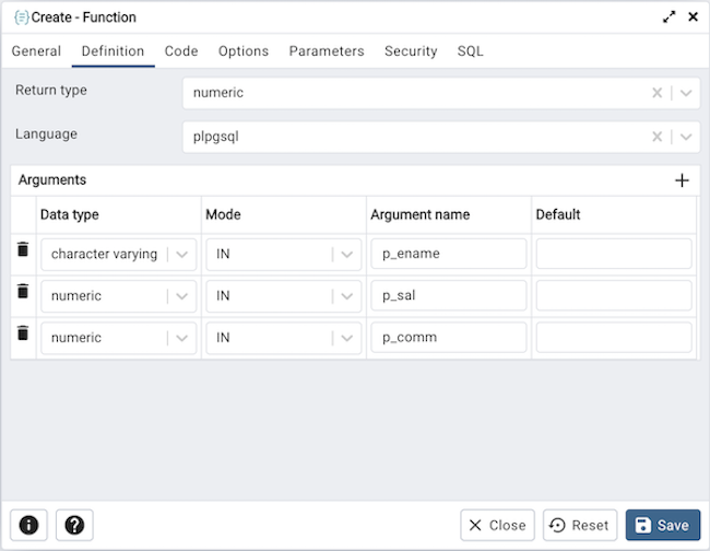 Function dialog definition tab