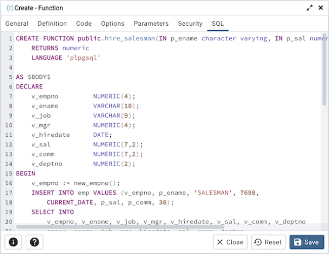 Function dialog sql tab