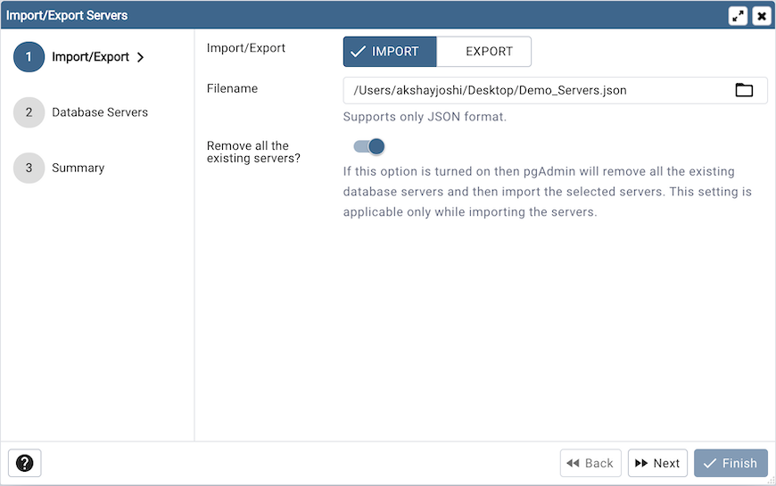 Import/Export Servers step one page