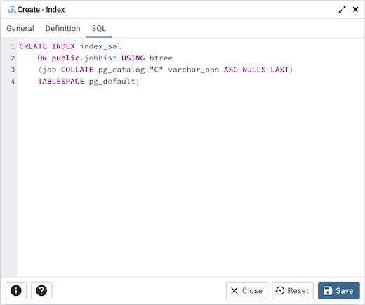 Index dialog sql tab