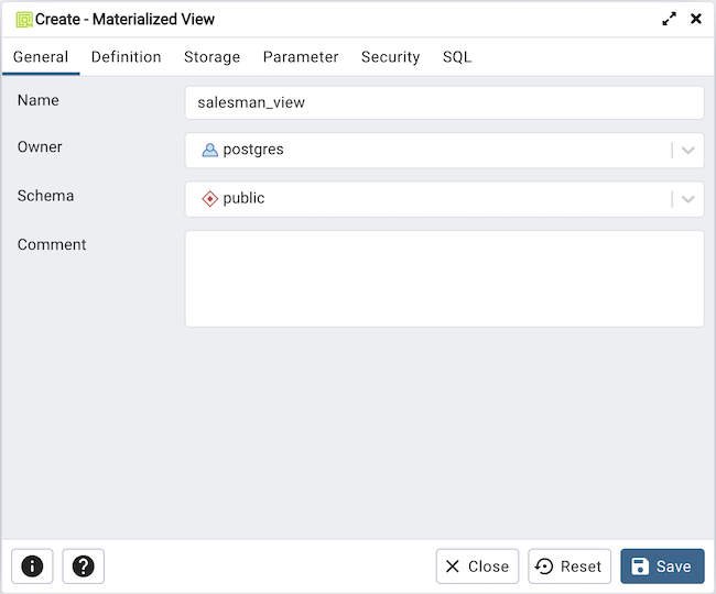 Materialized view dialog general tab