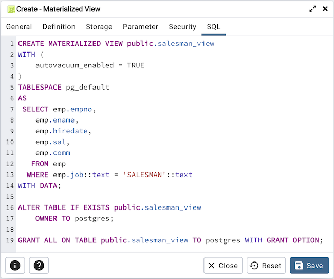 Materialized view dialog sql tab