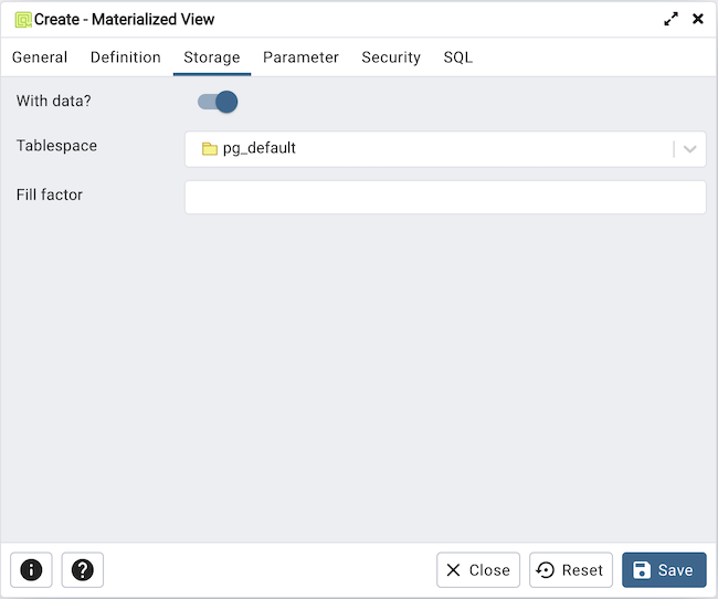 Materialized view dialog storage tab