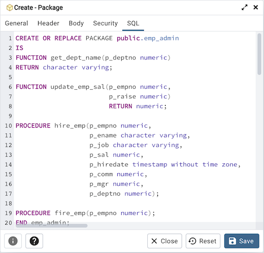 Package dialog sql tab