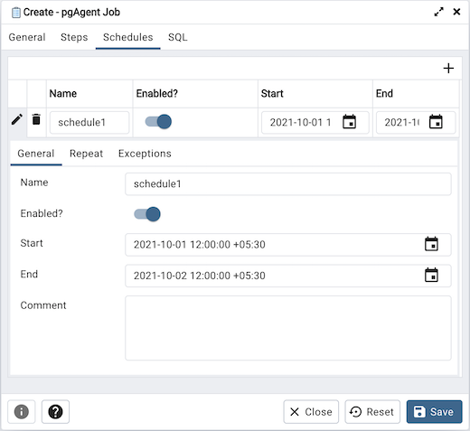 pgAgent dialog schedules definition tab