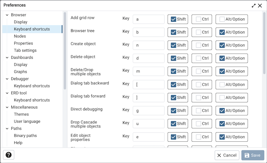 Preferences dialog browser keyboard shortcuts section