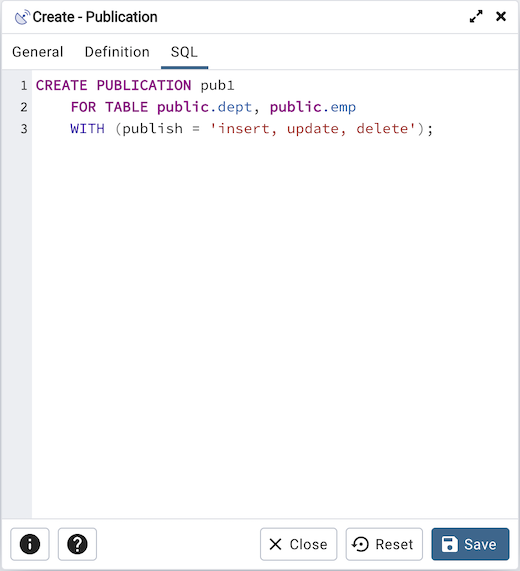 Publication dialog sql tab