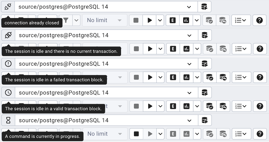 Query tool connection and transaction statuses