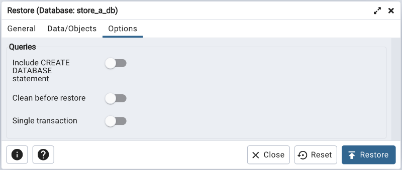 Restore dialog queries section