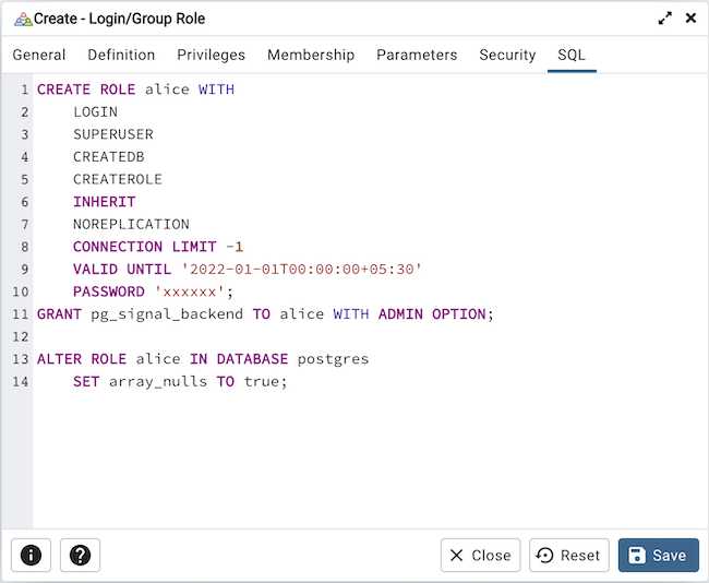 Role dialog sql tab