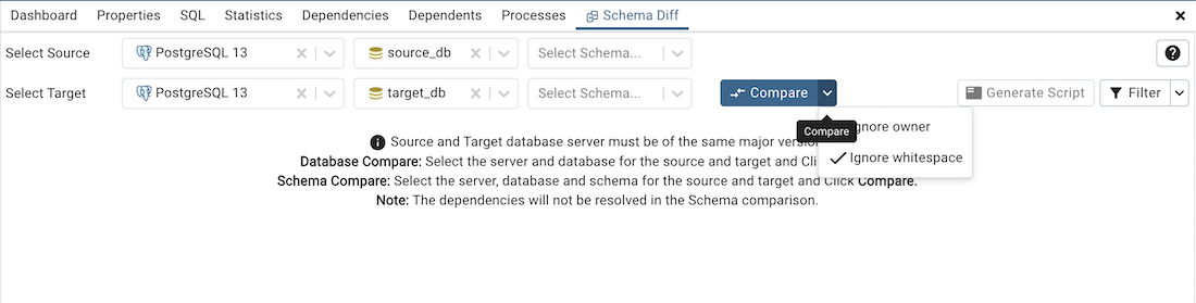 Schema diff compare button