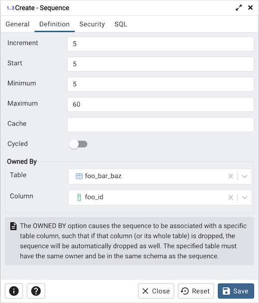 Sequence dialog definition tab