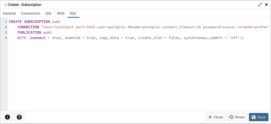 Subscription dialog sql tab