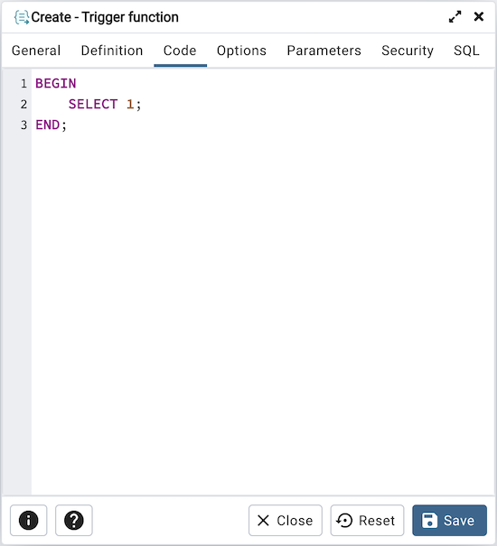 Trigger function dialog code tab