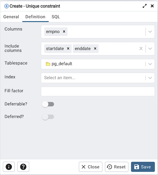 Table dialog unique constraint definition