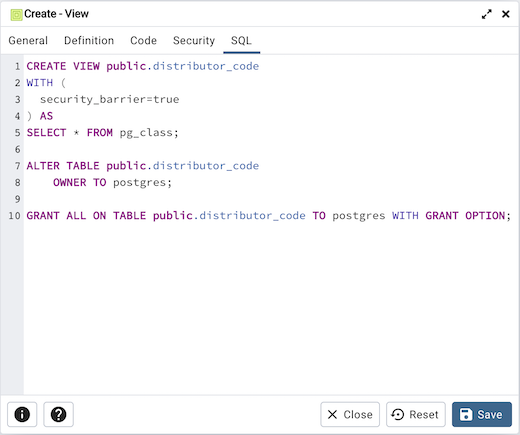 View dialog sql tab