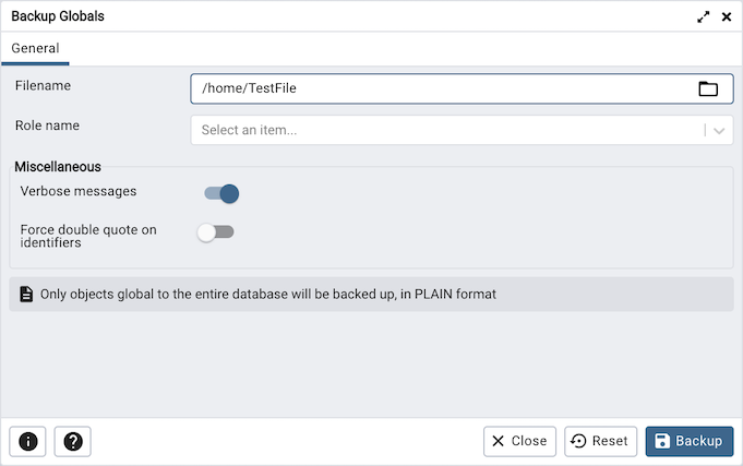 Backup globals dialog