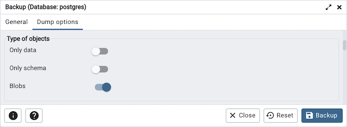 Type of objects option on backup dialog