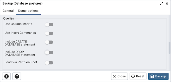 Queries option on backup dialog