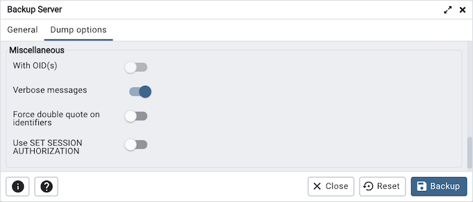 Miscellaneous option on backup server dialog