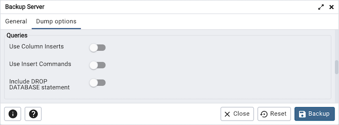 Queries option on backup server dialog