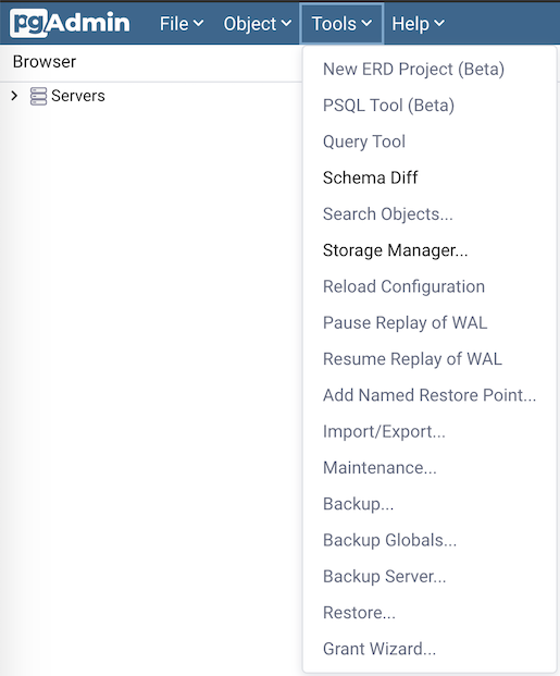 pgAdmin tools menu bar