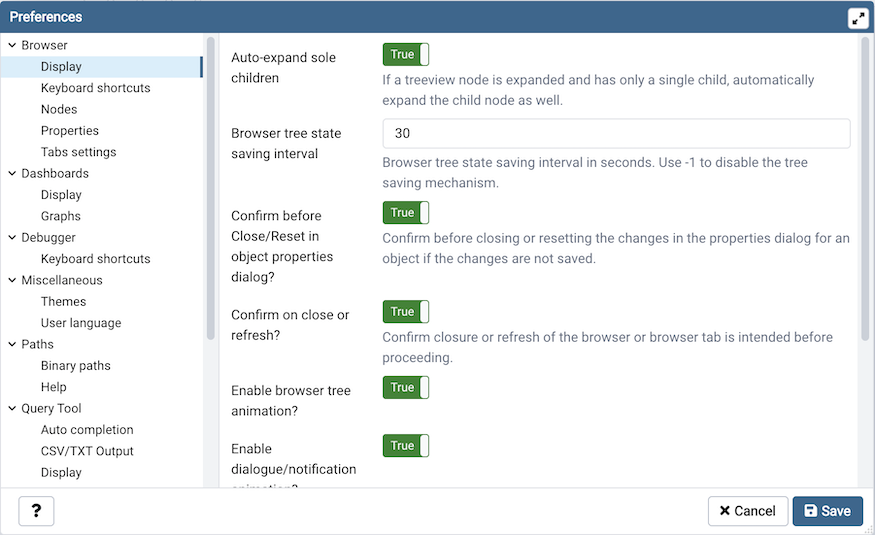 Preferences dialog browser display options
