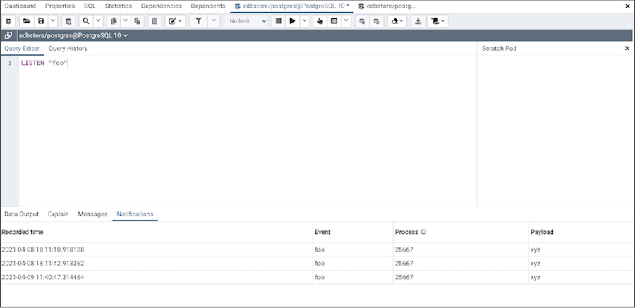 Query tool notifications panel