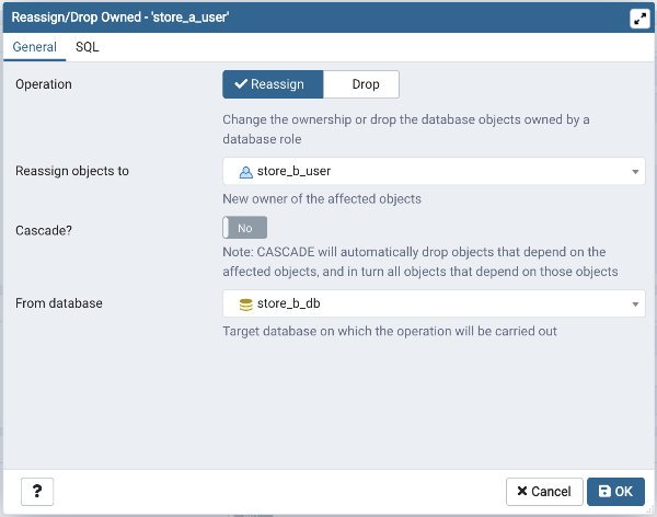Reassign/Drop Own dialog