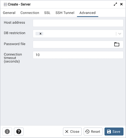 Server dialog advanced tab
