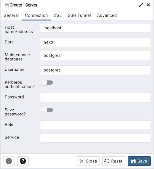 Server dialog connection tab