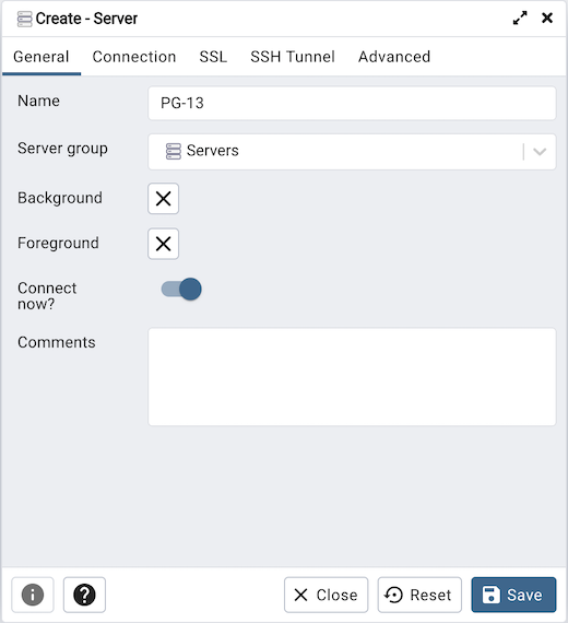 Server dialog general tab