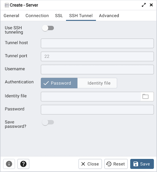 Server dialog ssh tunnel tab