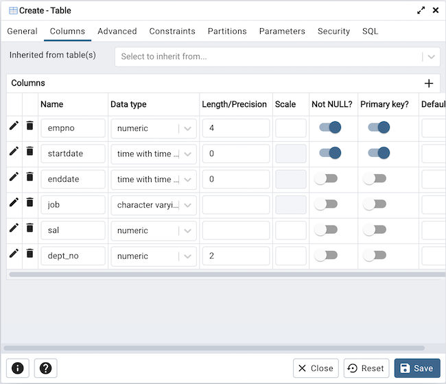 Table dialog columns tab