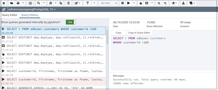 Query tool history panel
