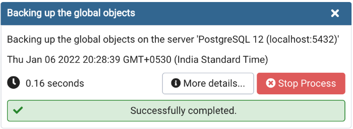 Backup globals success notification popup