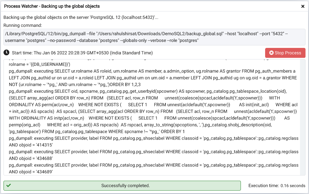 Backup globals process watcher