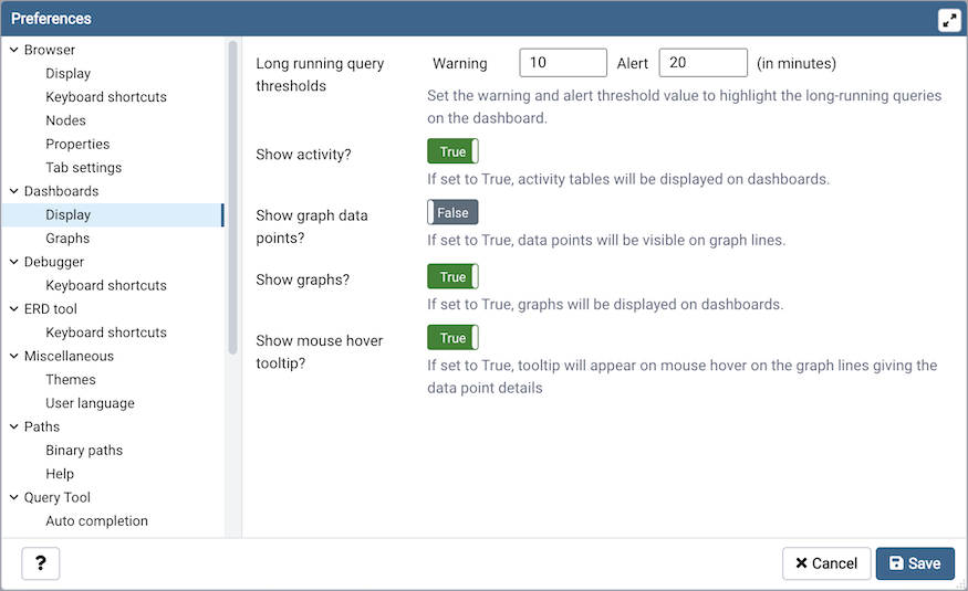 Preferences dialog dashboard display options