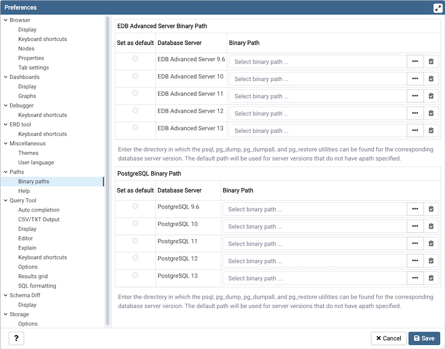 Preferences dialog binary path section