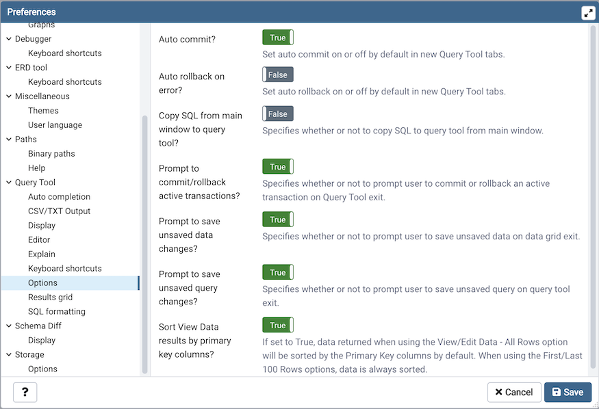 Preferences dialog sqleditor options section