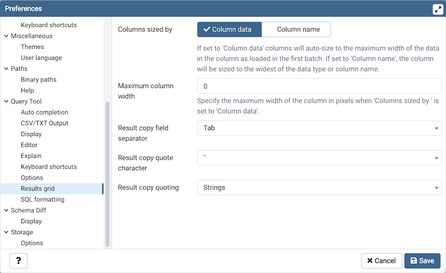 Preferences dialog sql results grid section