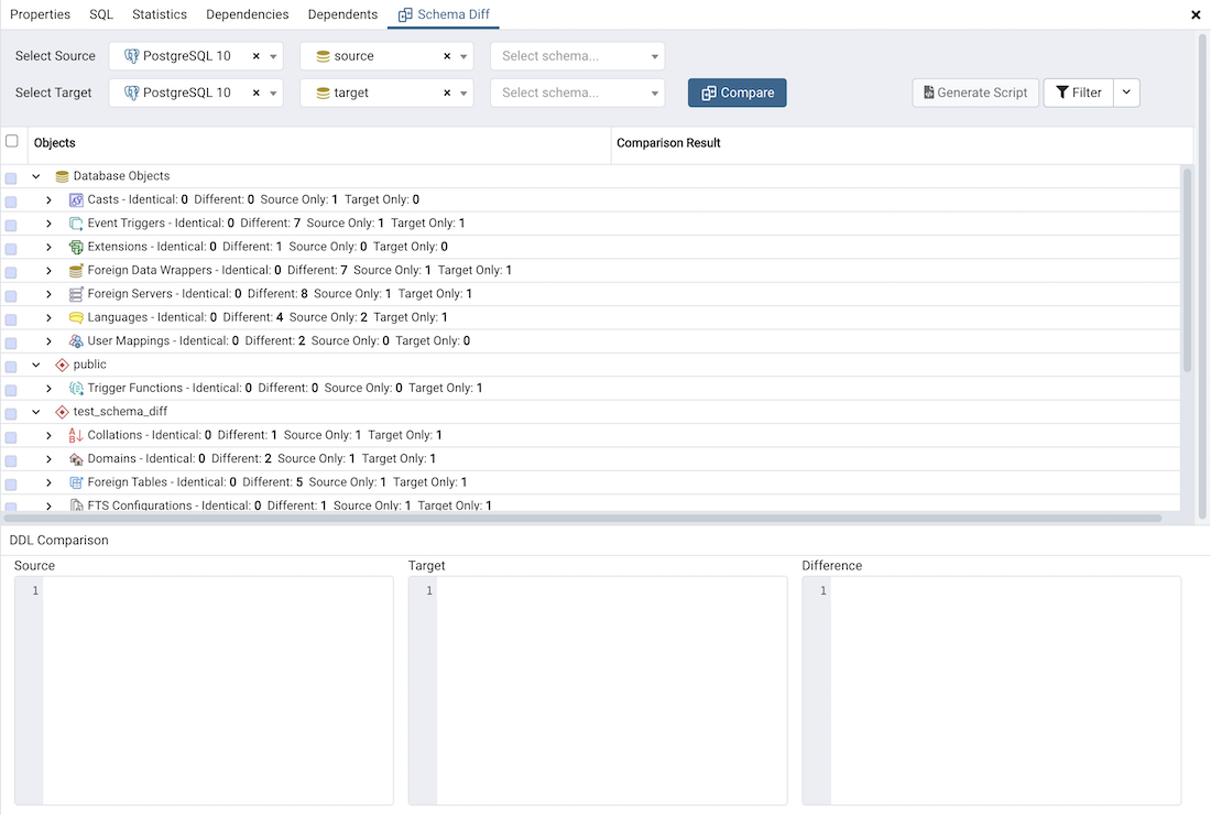 Schema diff comparison results