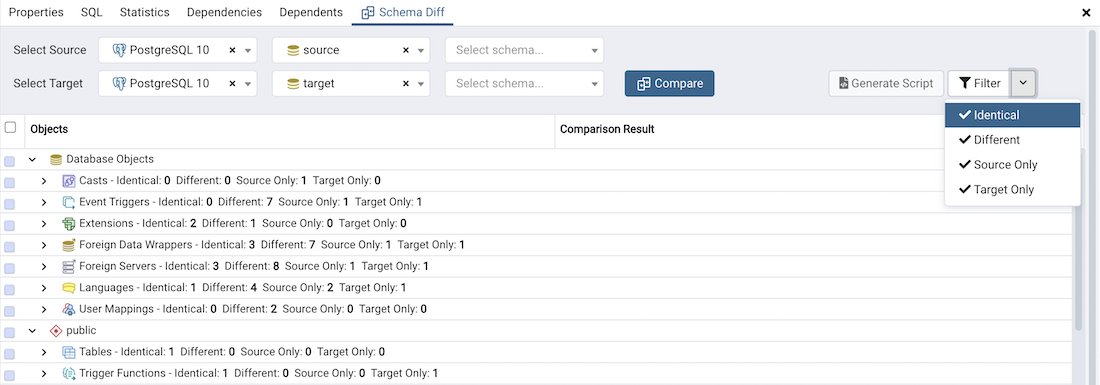 Schema diff filter option