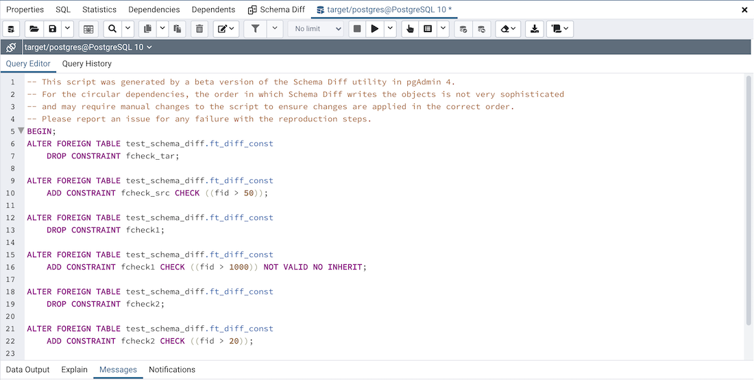 Schema diff generate script query editor