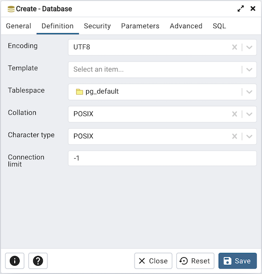 Database dialog definition tab